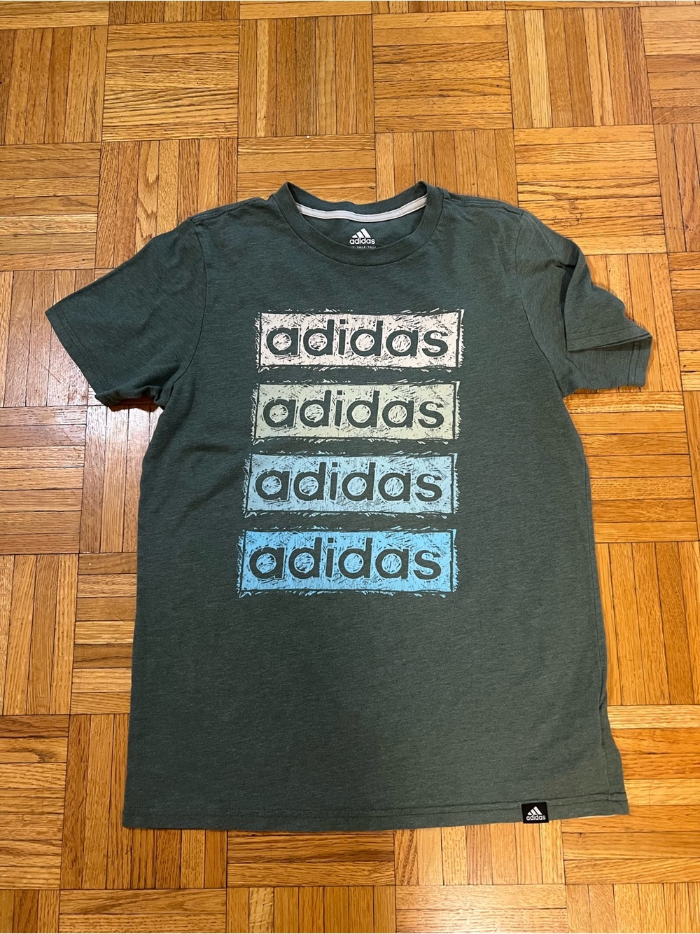 adidas Green Short Sleeve Tee with Stacked Logos size large (14/16)